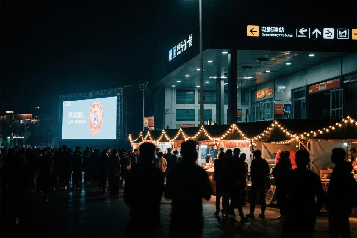 费城球迷广场夜景：大屏观赛人群、步行指示牌与公共交通入口